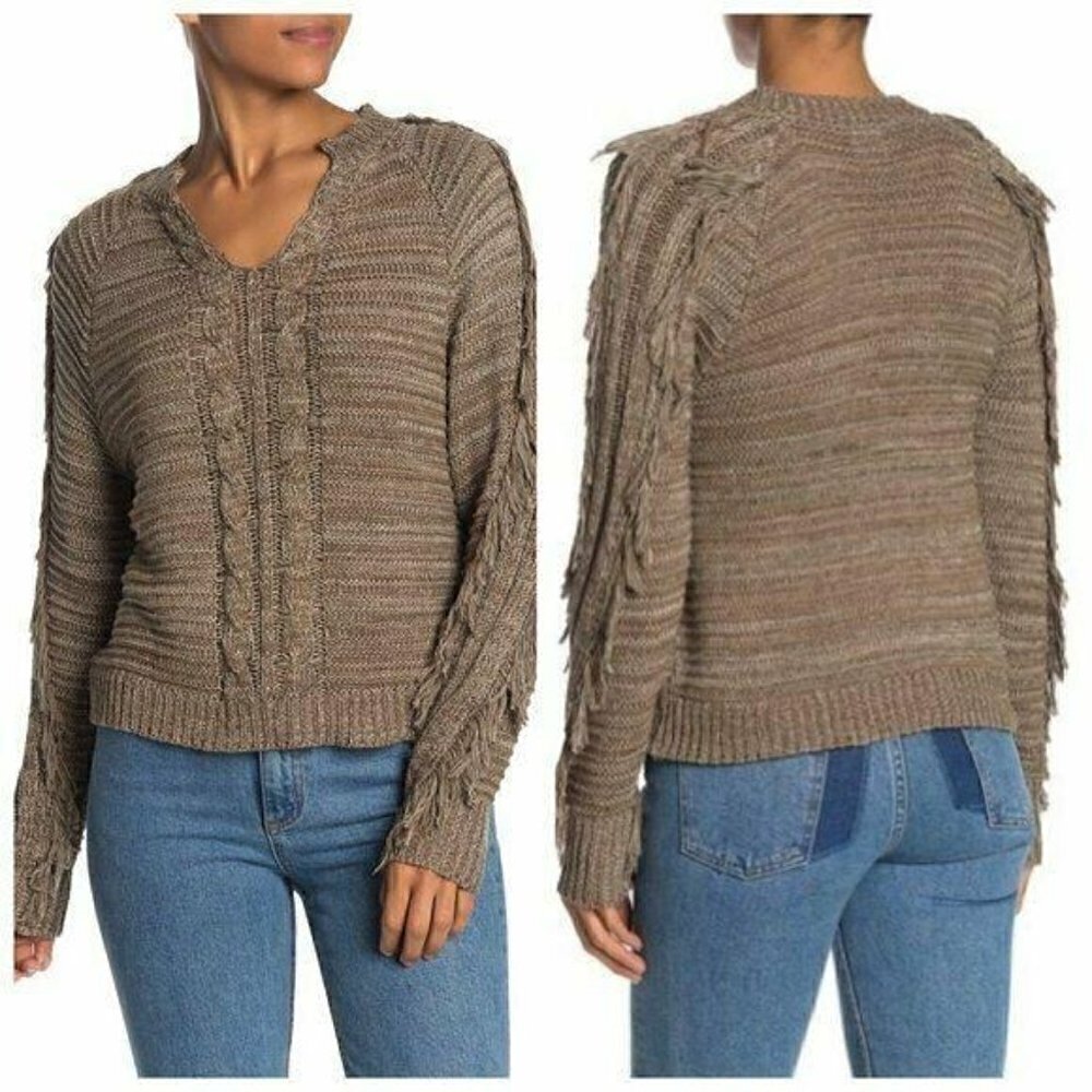 NWT John + Jenn Cable Knit Fringe Sleeve Cotton Sweater, Size M